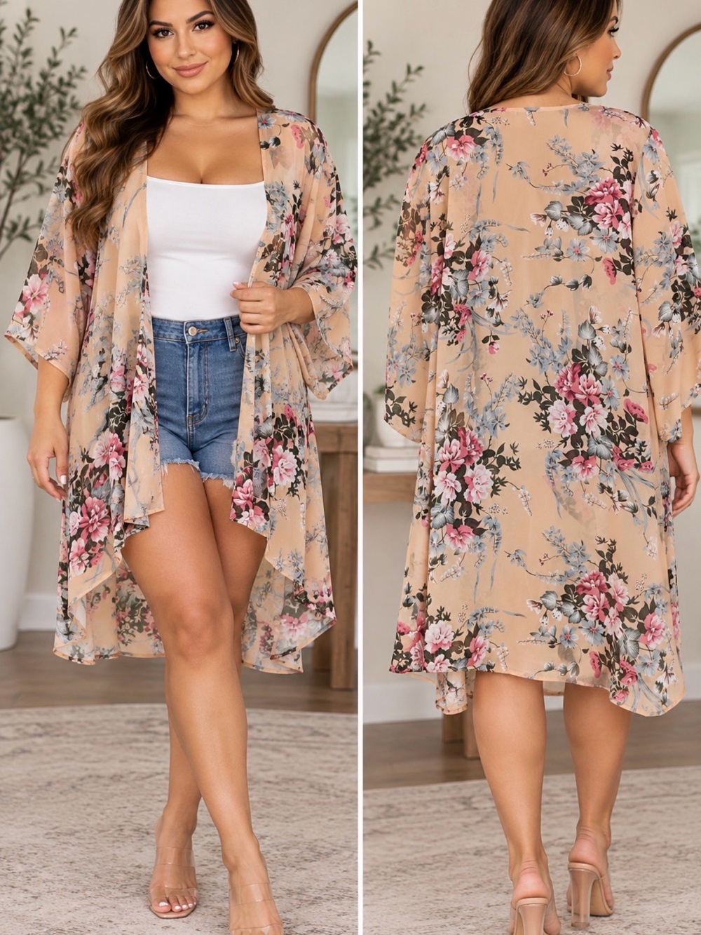 Beige Floral Sheer Kimono Cover-Up